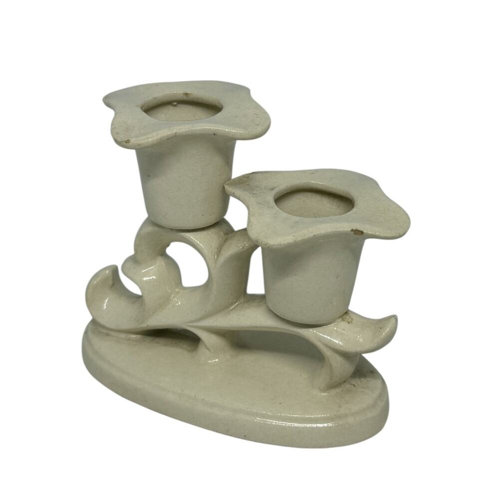 Vintage Ivory Ceramic Double Tapered Candle Holder French Fleur Motif Japan